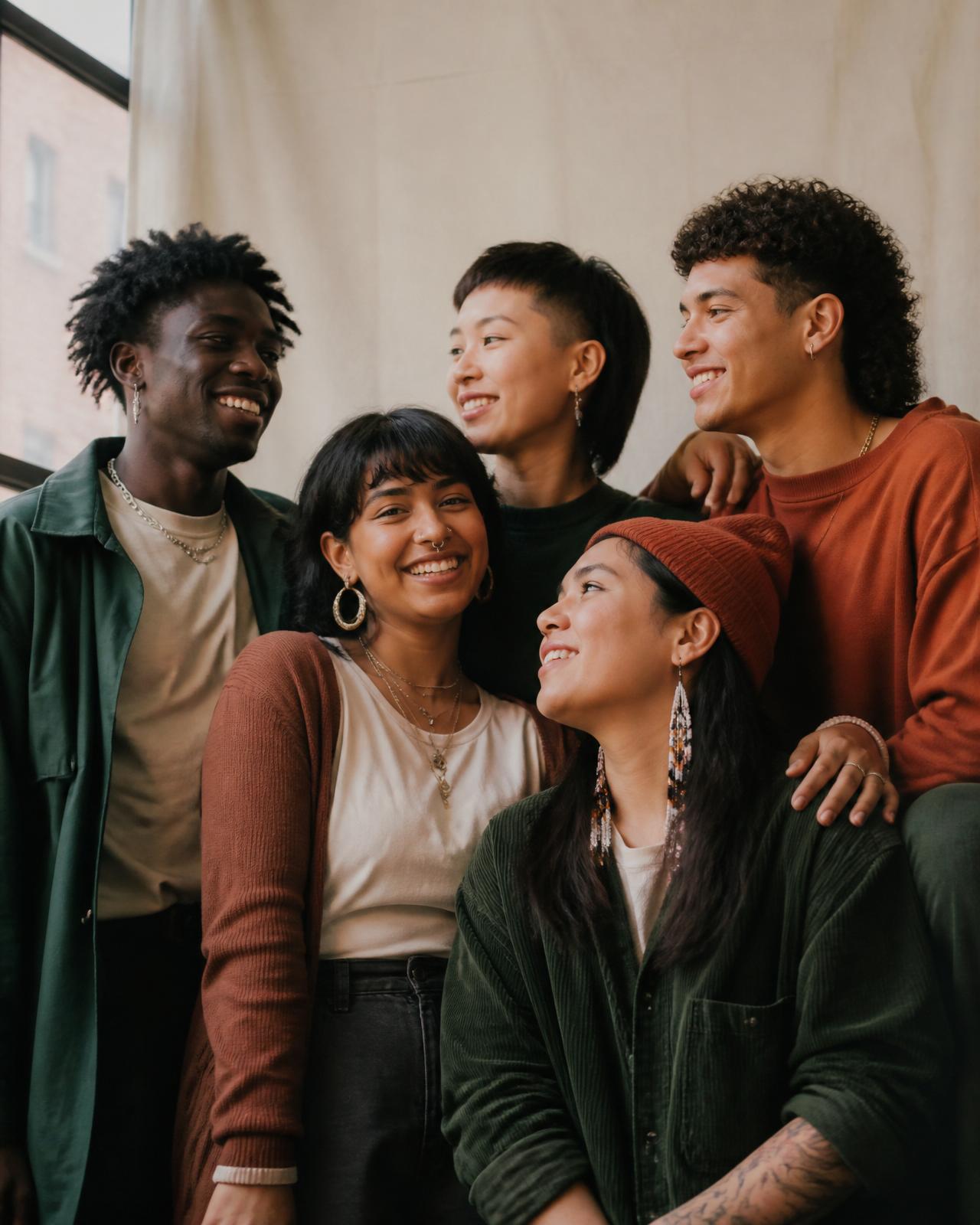 Groupe chaleureux de jeunes adultes BIPOC et LGBTQ+ montréalais, souriants, réunis en portrait éditorial